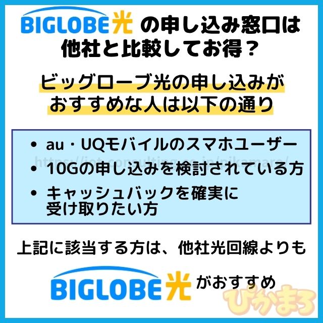 ビッグローブ光 申し込み窓口 他社比較
